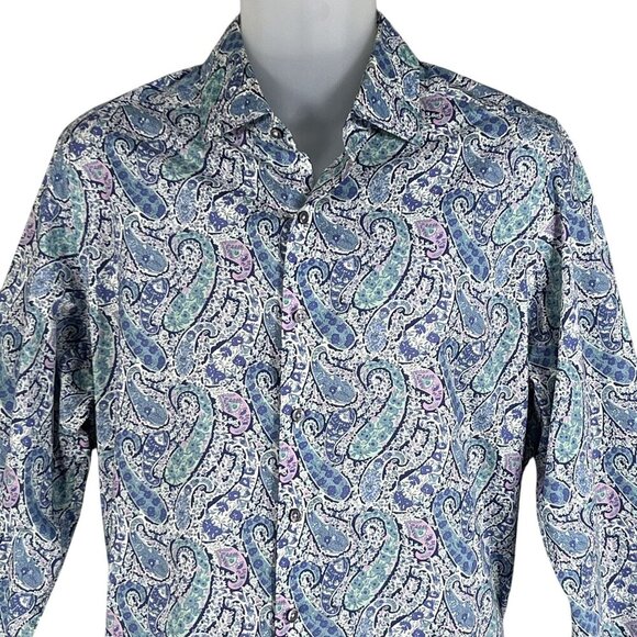 70s Psychedelic Blue Purple Paisley Long Sleeve Mens Button Up Shirt Italy Woven - Picture 6 of 15